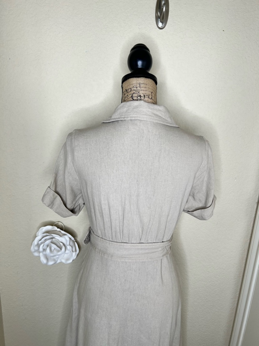 NTM Tahari Linen Blend Shirt Dress Belted Button Front Taupe XS Midi Pockets - Picture 13 of 16